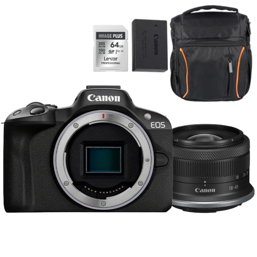 Een Canon camera met lens, geheugenkaart, batterij en tas.