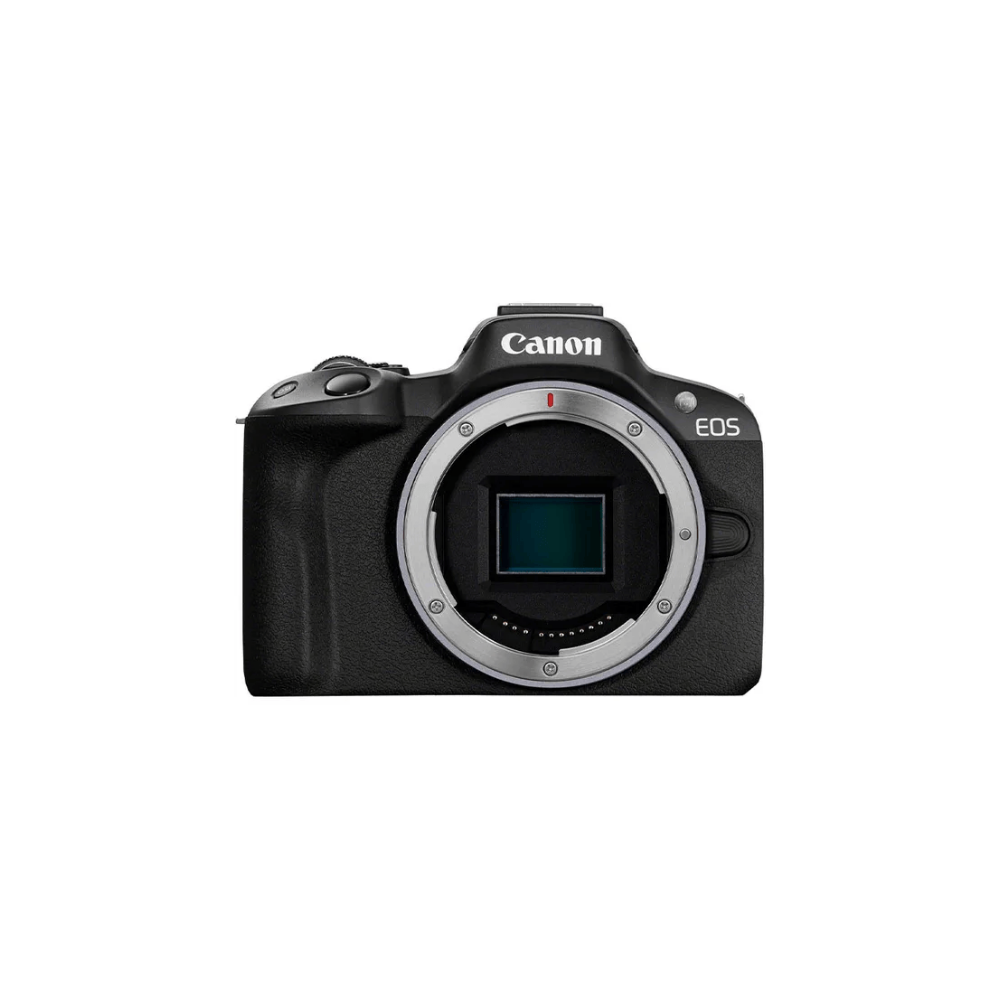 Zwarte Canon EOS camera met zichtbare lensvatting en sensor.