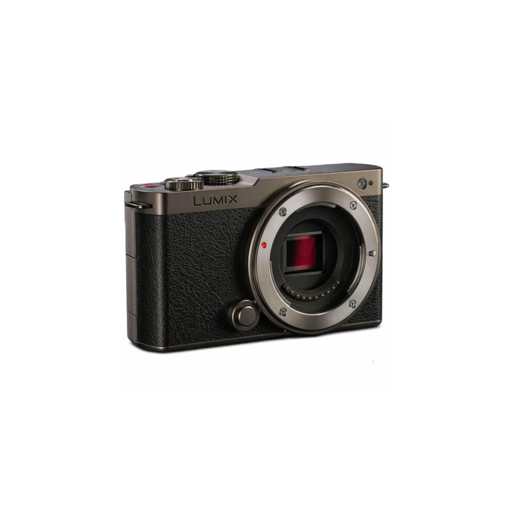 Close-up van een zwarte Lumix camera met zilveren lensvatting en een rood stipje.