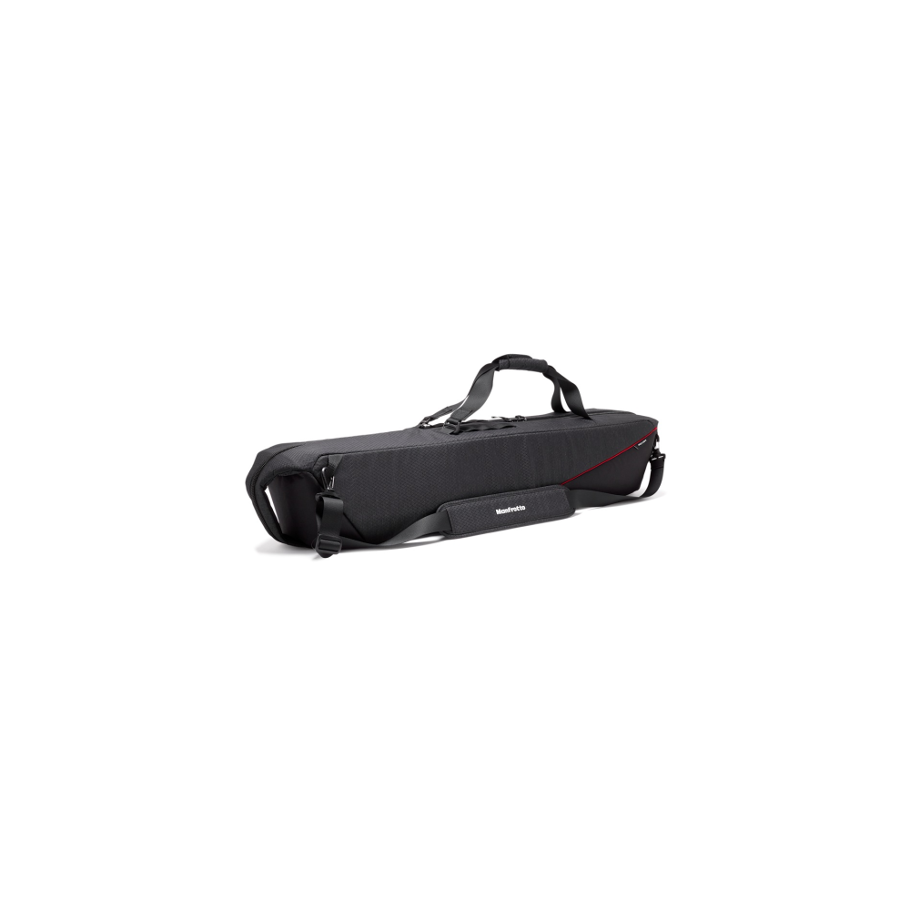 Zwarte cameratass met rode accent, handvatten en schouderband.