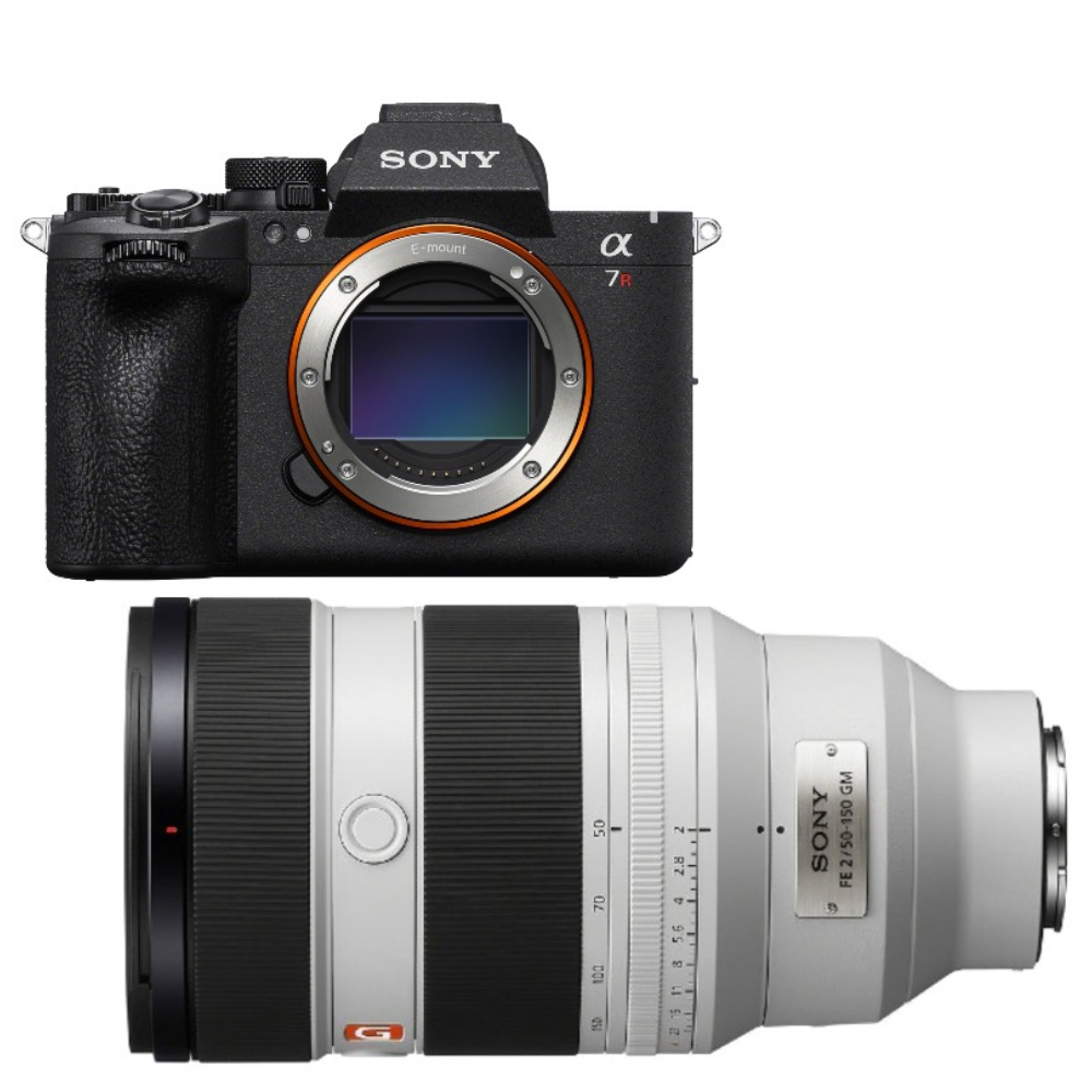 Sony Alpha 7R camera met een witte Sony 70-200mm G Master lens.
