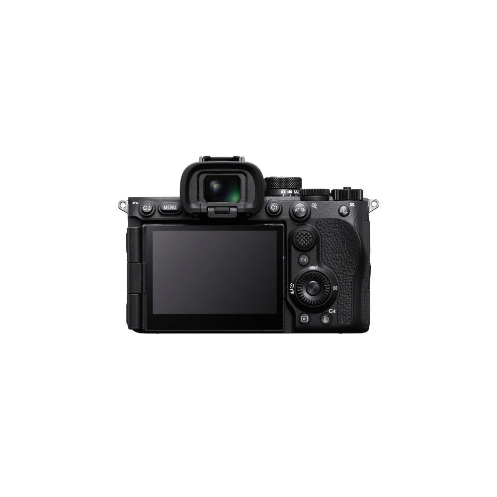 Achterkant van een zwarte digitale camera met scherm en bedieningselementen.