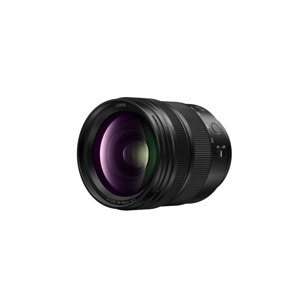 Een zwarte Lumix cameralens met zoomring en AF/MF-schakelaar.