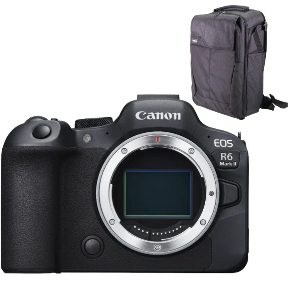 Zwarte Canon EOS R6 Mark II camera en een grijze cameratas.