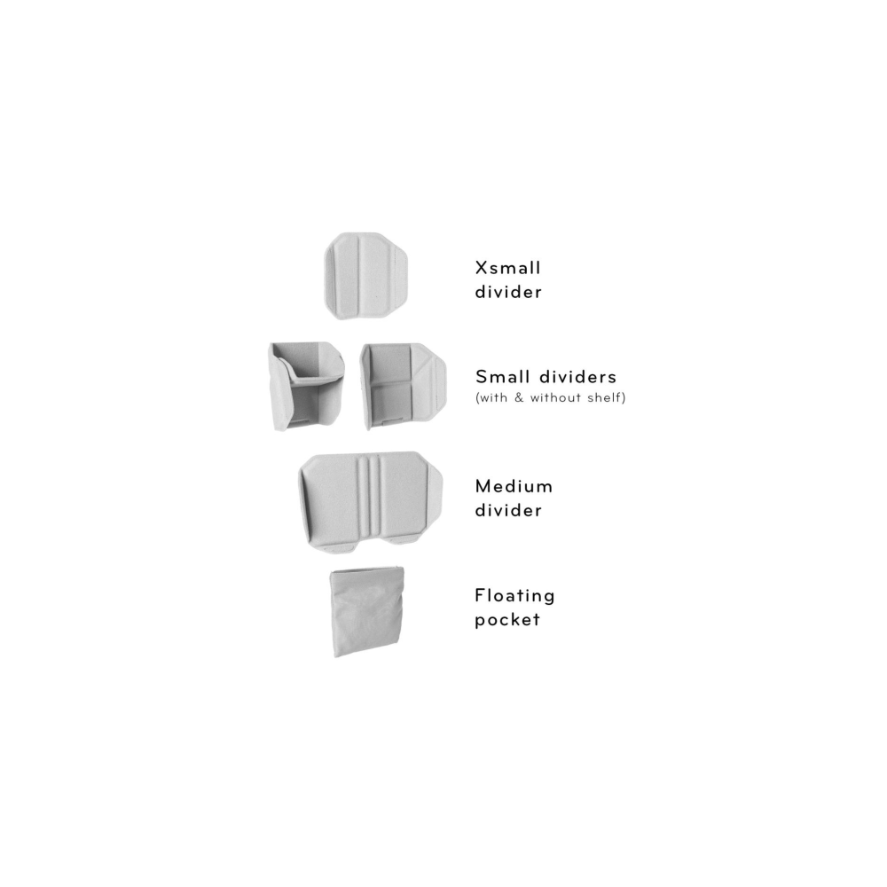 Various gray storage containers: Xsmall, Small, Medium dividers, and Floating pocket.