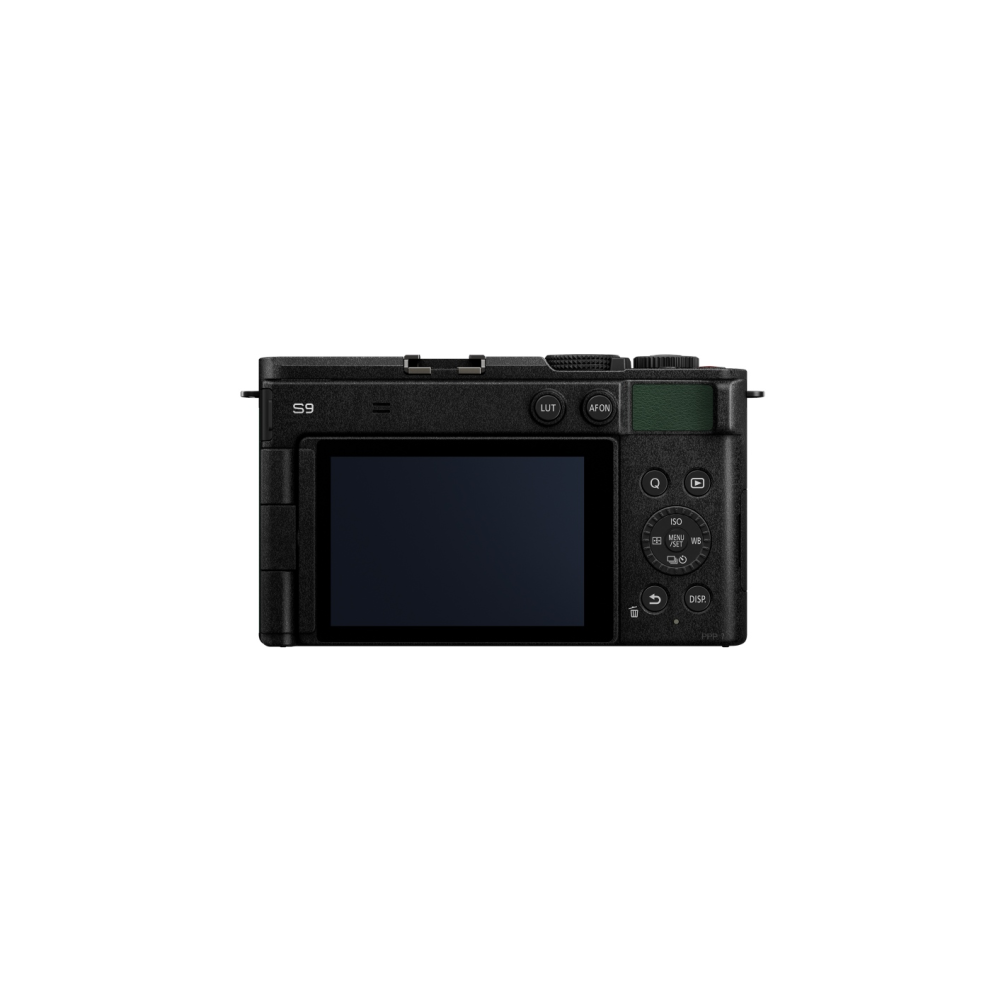 Achterkant van een zwarte digitale camera met scherm en bedieningsknoppen.