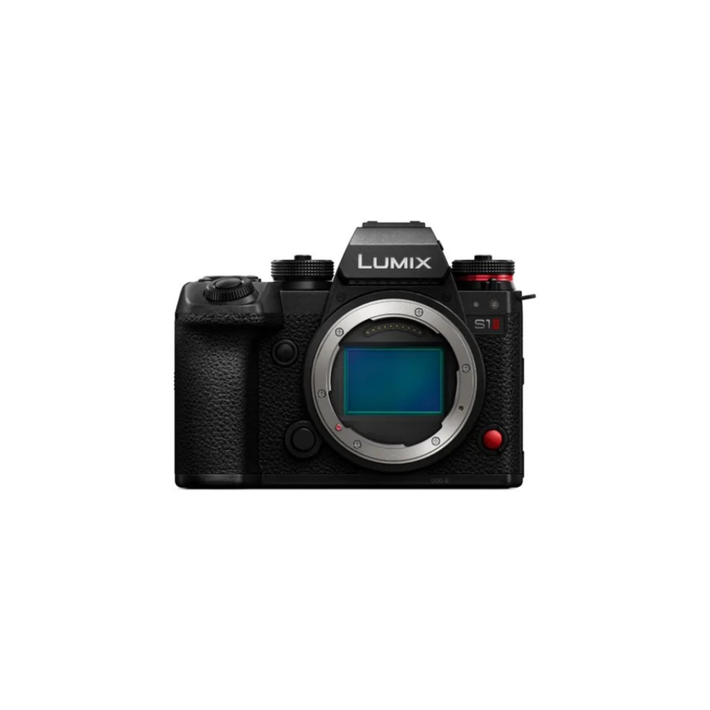 Een zwarte Lumix S1 digitale camera met lensvatting.
