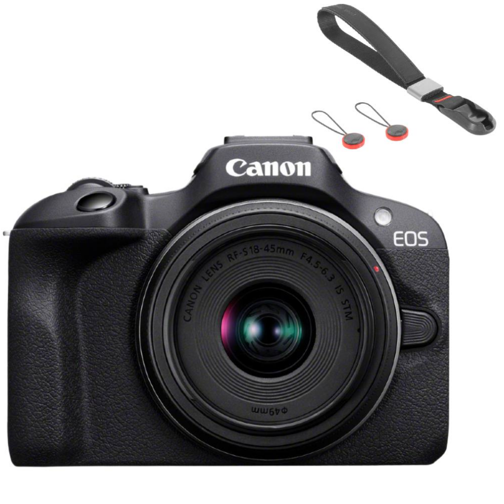 Zwarte Canon EOS camera met lens en polsband.