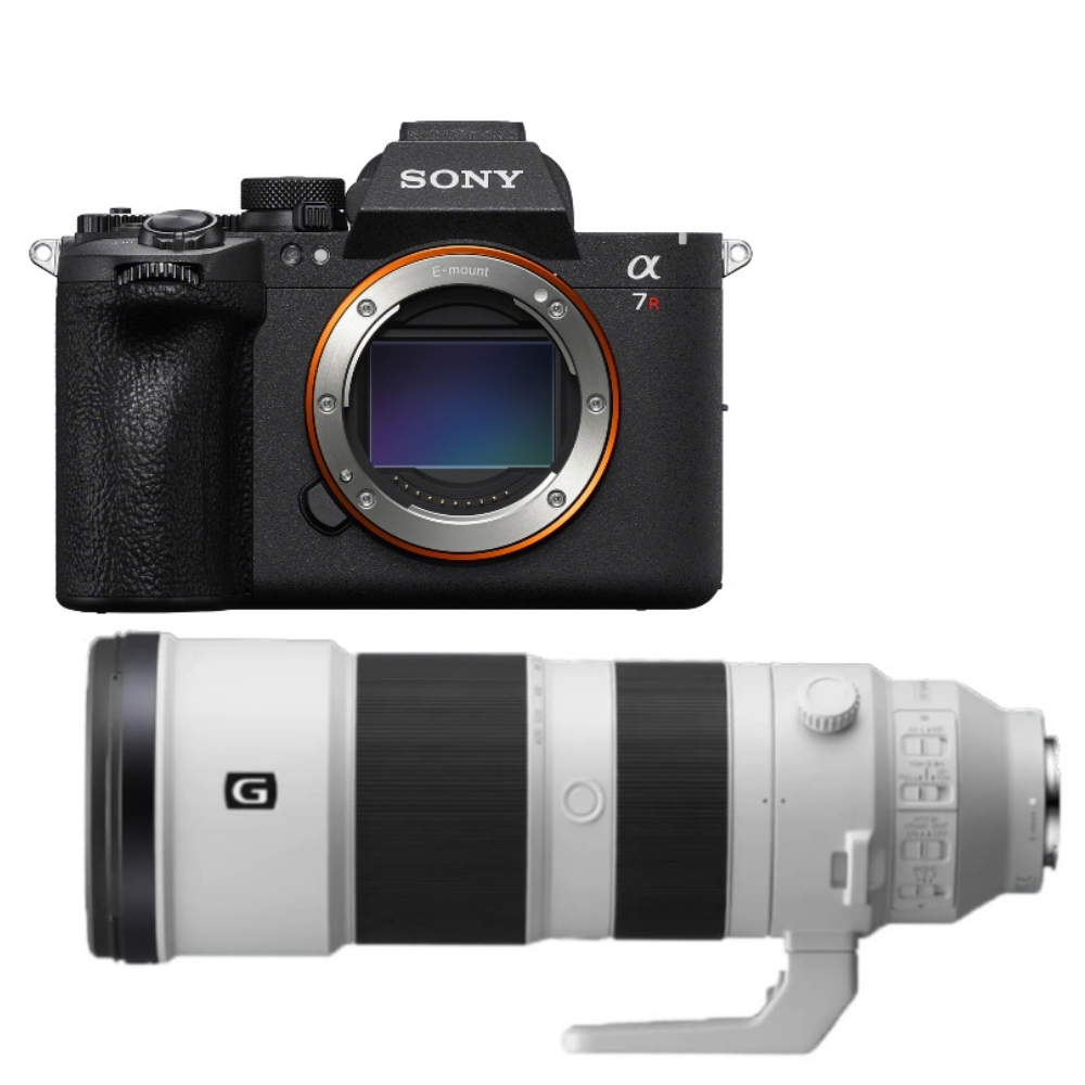 Een zwarte Sony Alpha 7R camera met een witte telelens.