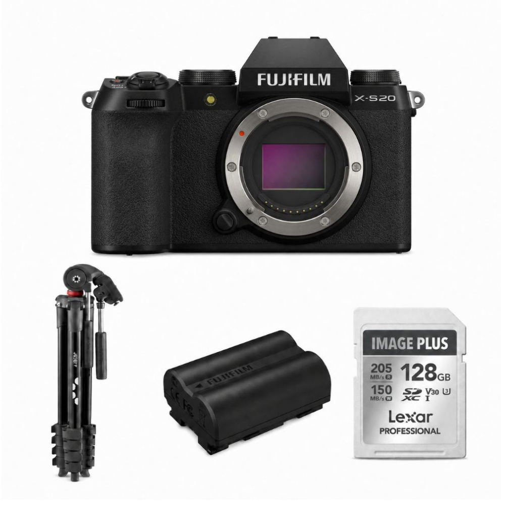 Zwarte Fujifilm X-S20 camerabody met accessoires: mini-statief, batterij en geheugenkaart.
