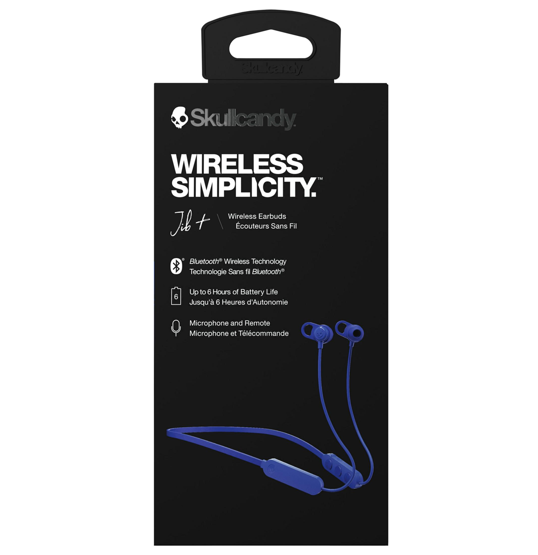 Skullcandy Wireless Jib+ Ohrhörer in Blau auf schwarzer Verpackung mit Produktdetails.