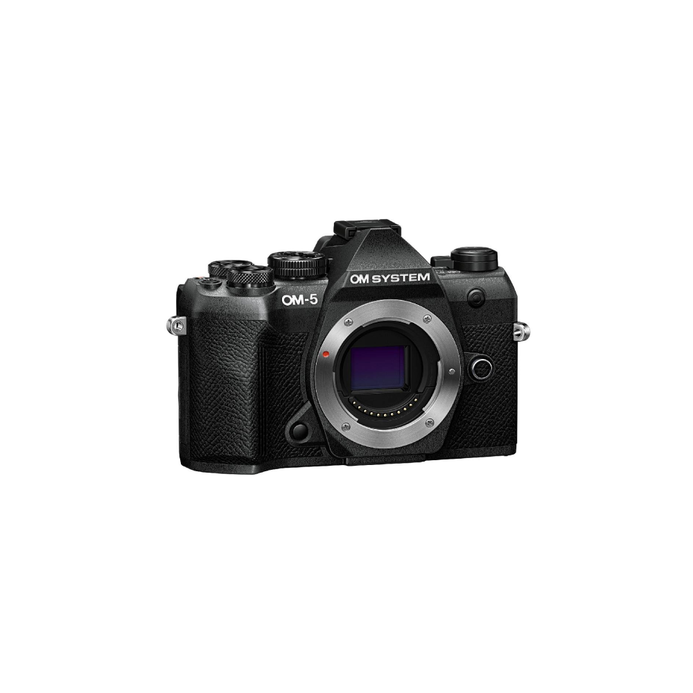 Zwarte OM-5 camera met OM SYSTEM logo en lensvatting.