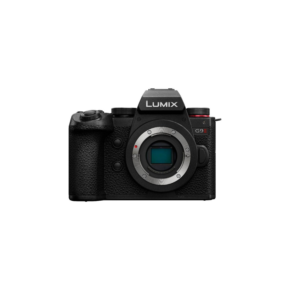 Zwarte Lumix G9 camera met lensvatting en bedieningsknoppen.