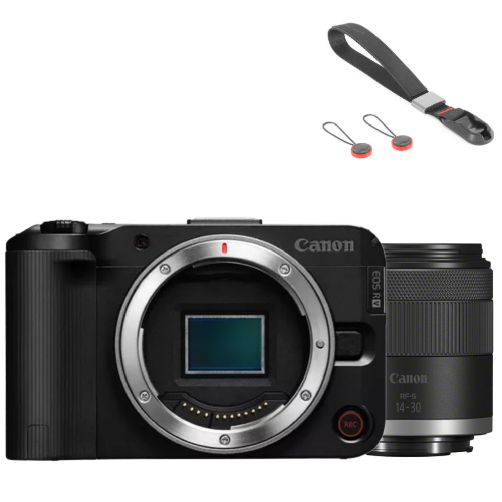 Zwarte Canon EOS R camera met lens en polsband accessoires.