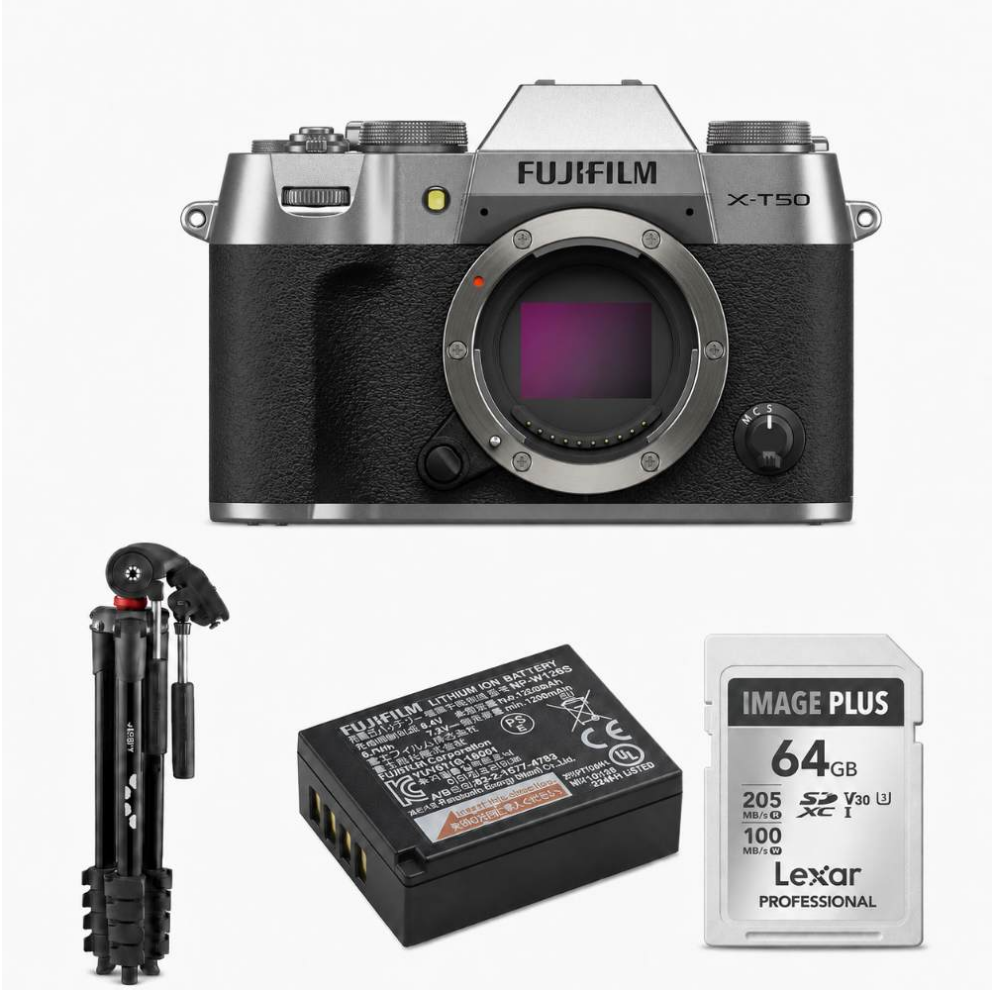 Een Fujifilm X-T50 camera, batterij, mini-statief en Lexar 64GB SD-kaart.