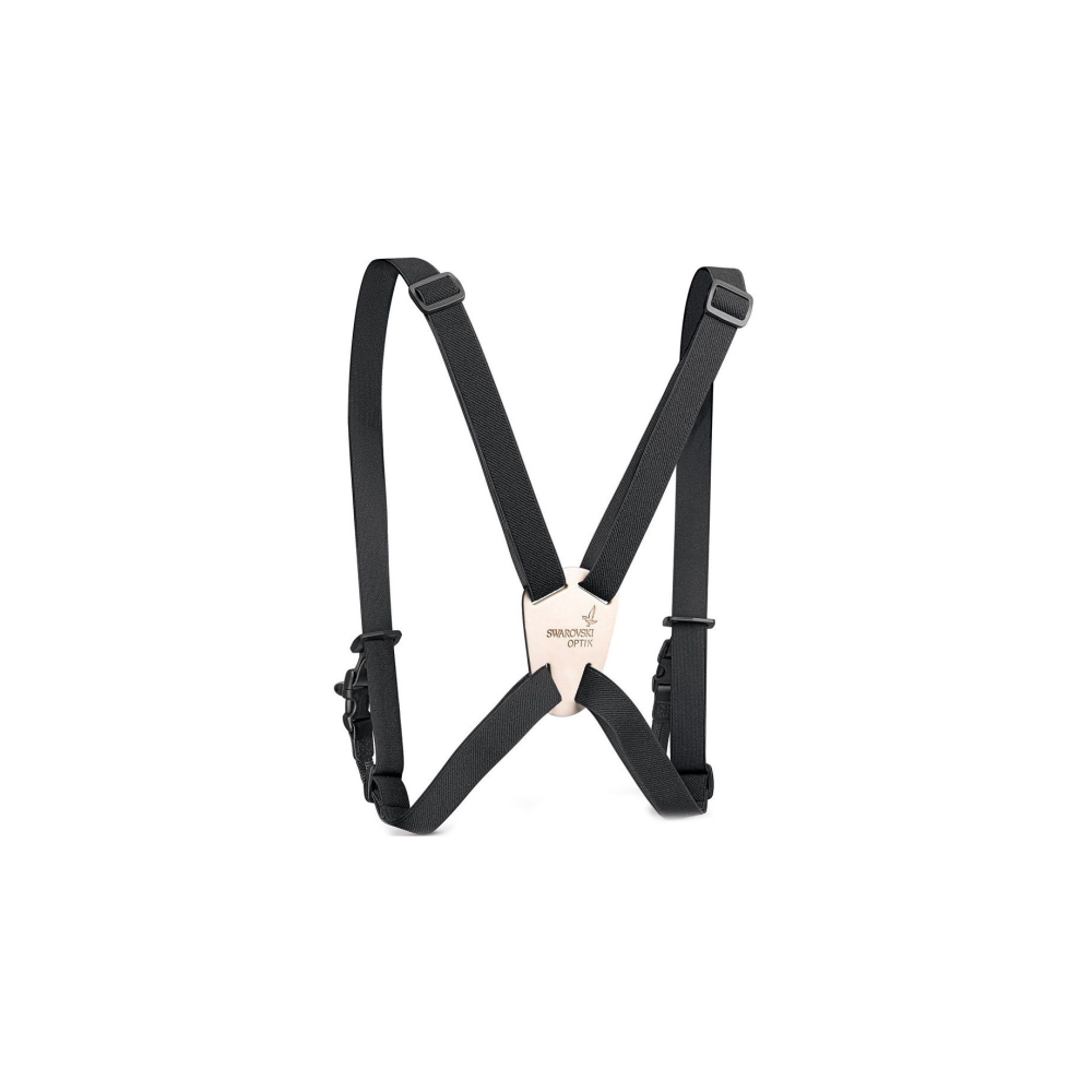 Black harness straps with a beige central piece featuring a logo.