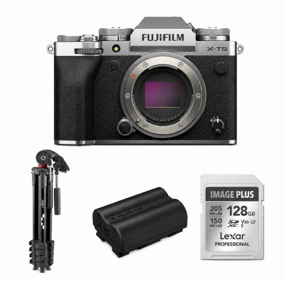 Fujifilm camera met accessoires: statief, batterij en SD-kaart.