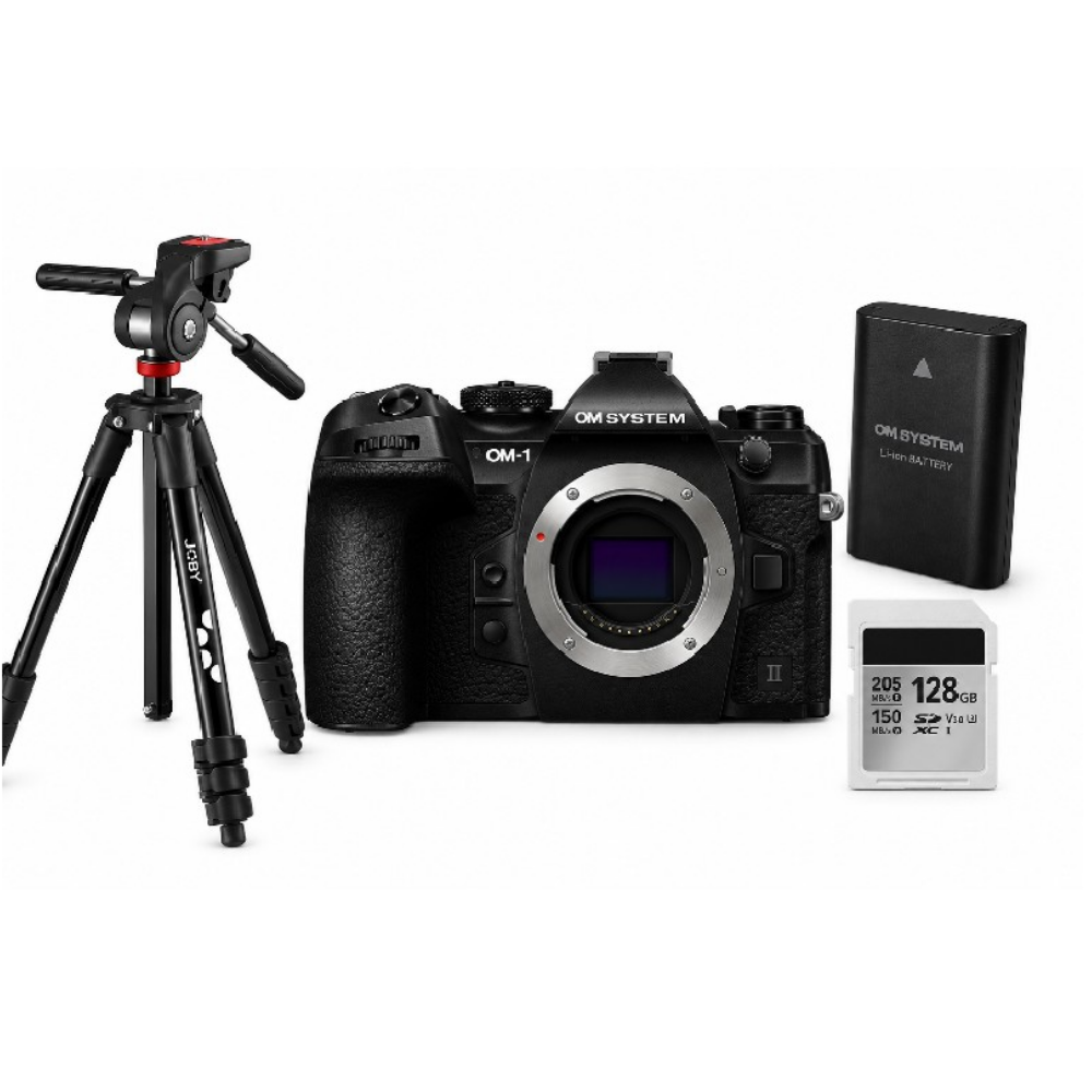 Een zwarte OM System OM-1 camera body met statief, batterij en geheugenkaart.