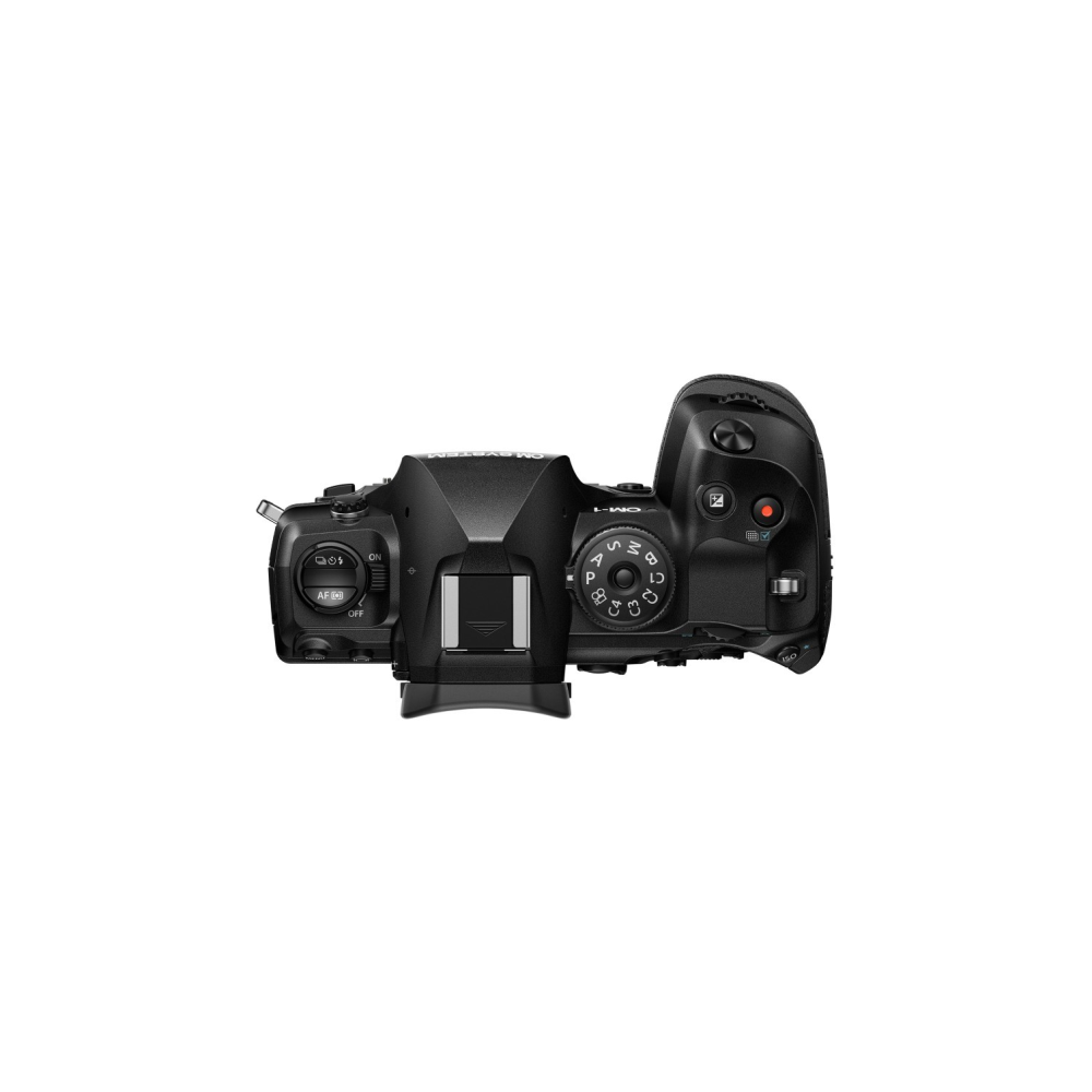 Bovenaanzicht van een zwarte digitale camera met veel knoppen en een draaiknop.
