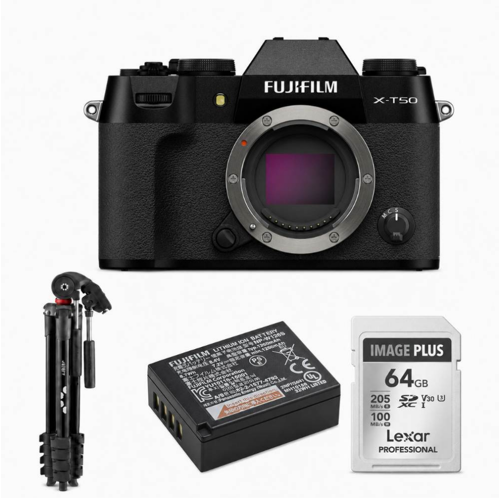 Fujifilm X-T50 camera met batterij, statief en 64GB geheugenkaart.