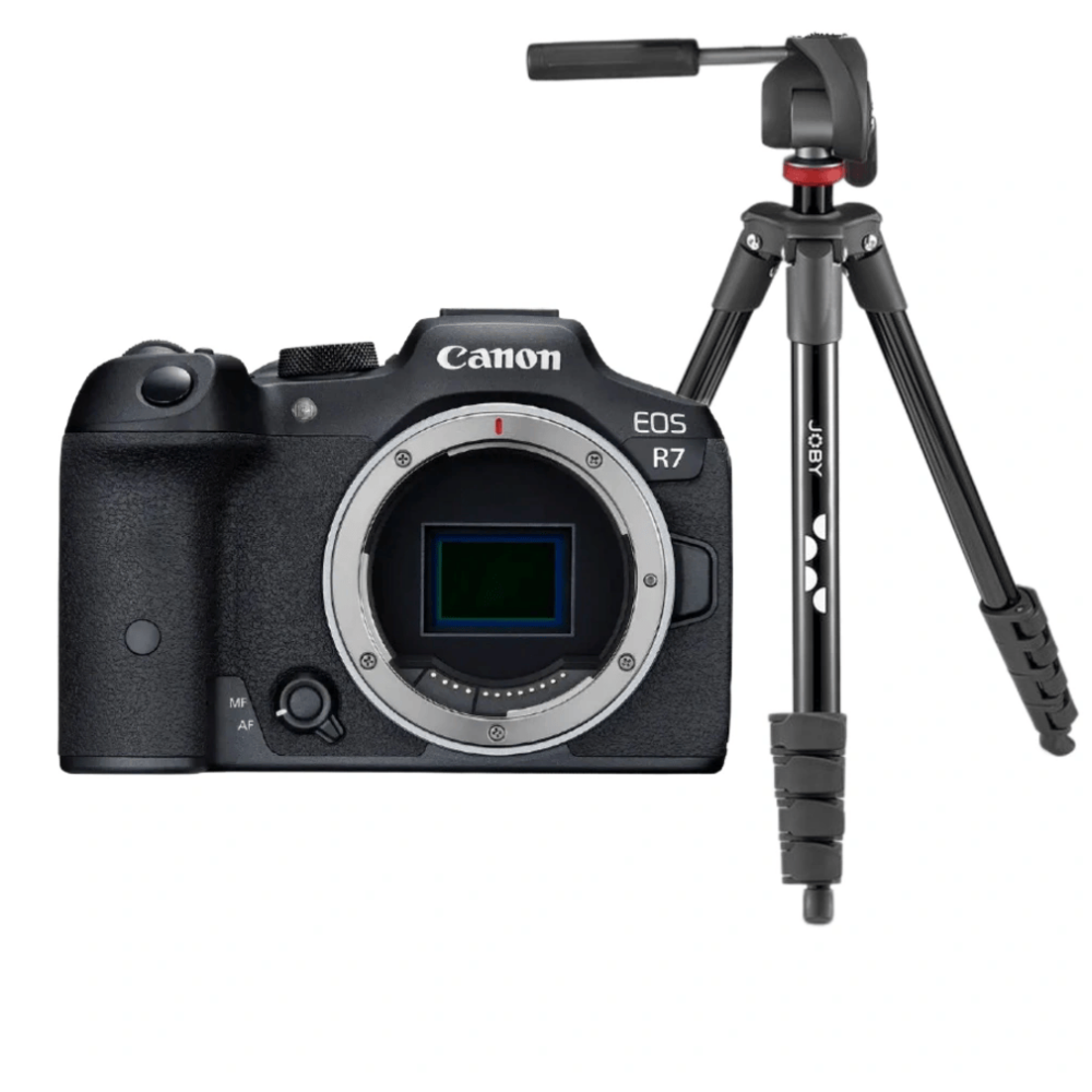 Zwarte Canon EOS R7 camera met een klein zwart Joby statief ernaast.