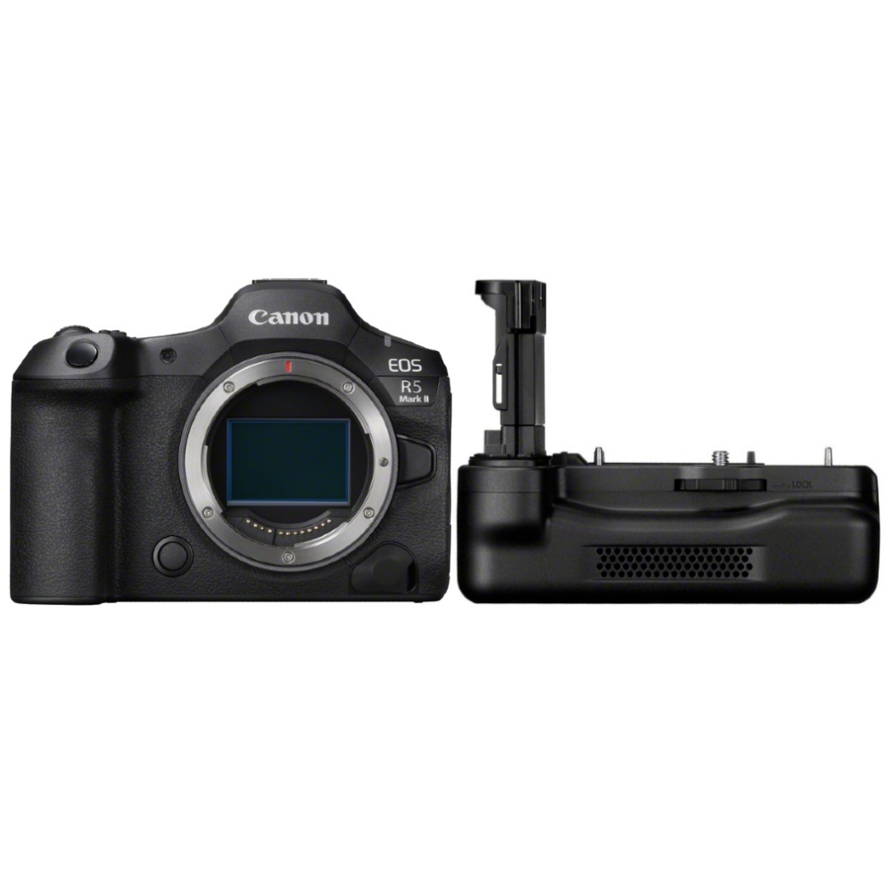 Zwarte Canon EOS R5 Mark II camera en batterijgrip naast elkaar getoond.
