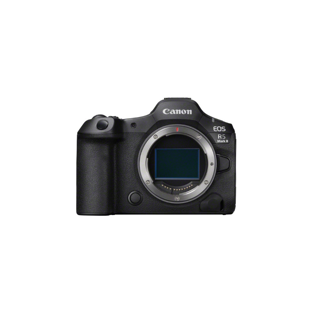 Een zwarte Canon EOS R5 Mark II camera met lensvatting op witte achtergrond.