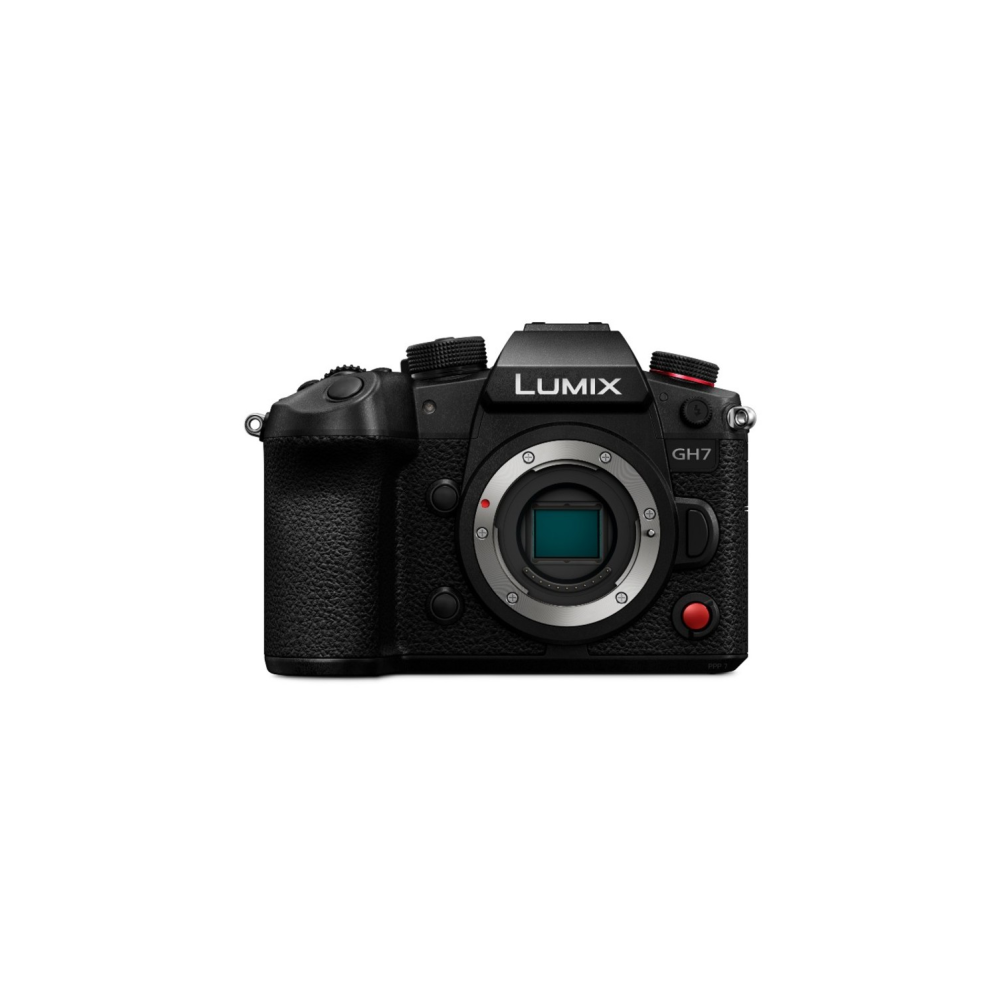 Een zwarte Lumix GH7 camera met lensvatting en rode knop.
