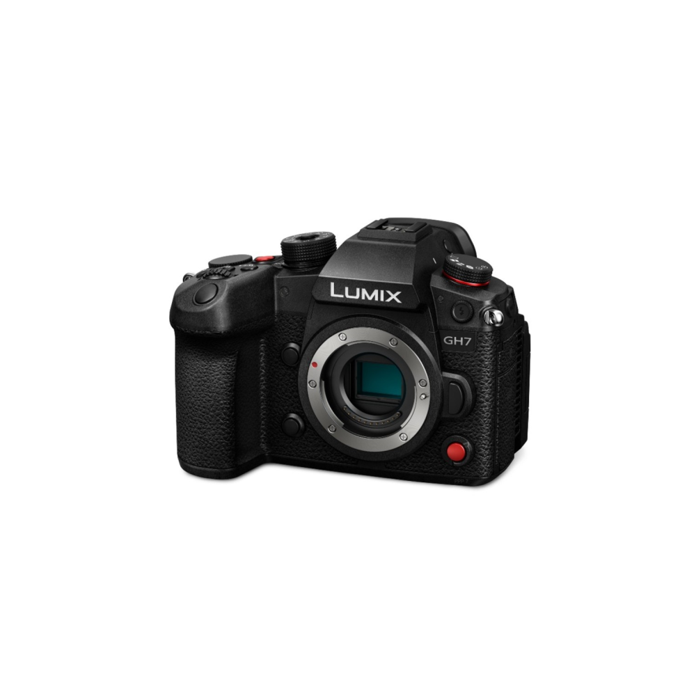 Een zwarte Panasonic Lumix GH7 camera met lensvatting en bedieningsknoppen.