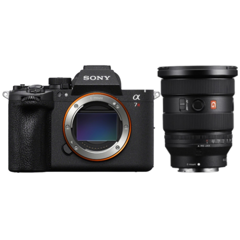 Een zwarte Sony Alpha 7R digitale camera met een lens ernaast.