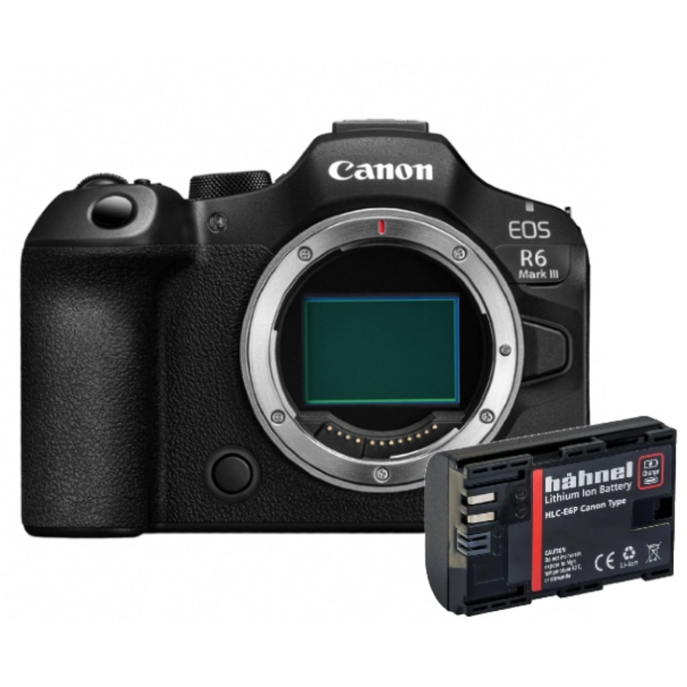 Zwarte Canon EOS R6 Mark III camera met Hahnel batterij.