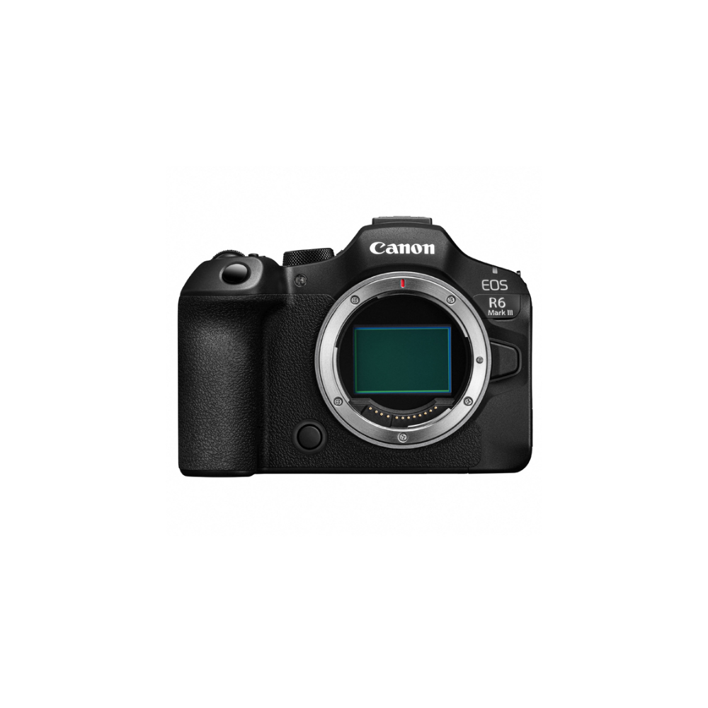 Een zwarte Canon EOS R6 Mark III camera met lensvatting zichtbaar.