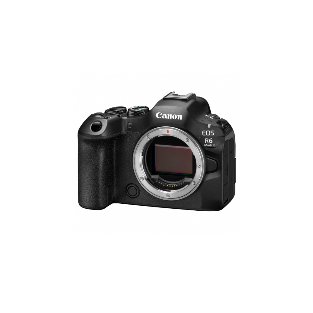 Zwarte Canon EOS R6 Mark III camera, vooraanzicht, met blootgestelde lensvatting.
