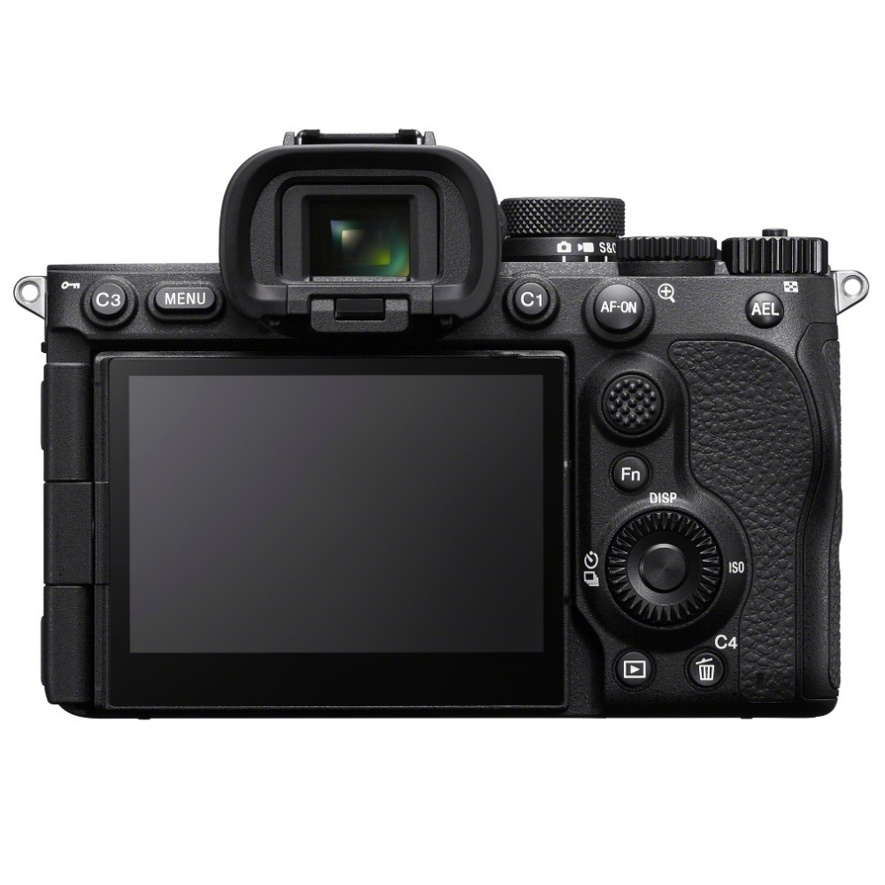 Achterkant van een zwarte digitale camera met scherm, zoeker en bedieningsknoppen.