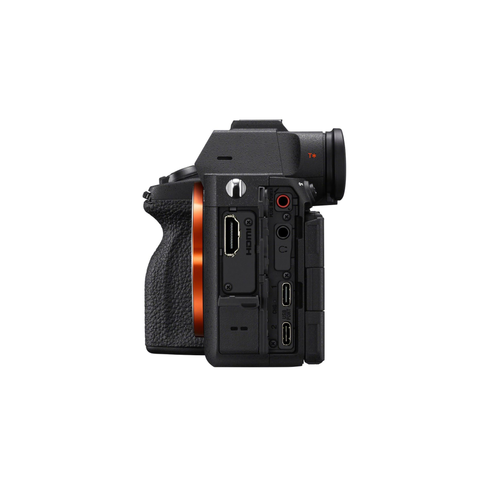 Zijaanzicht van een zwarte camera met HDMI- en USB-C-poorten, oranje accenten.