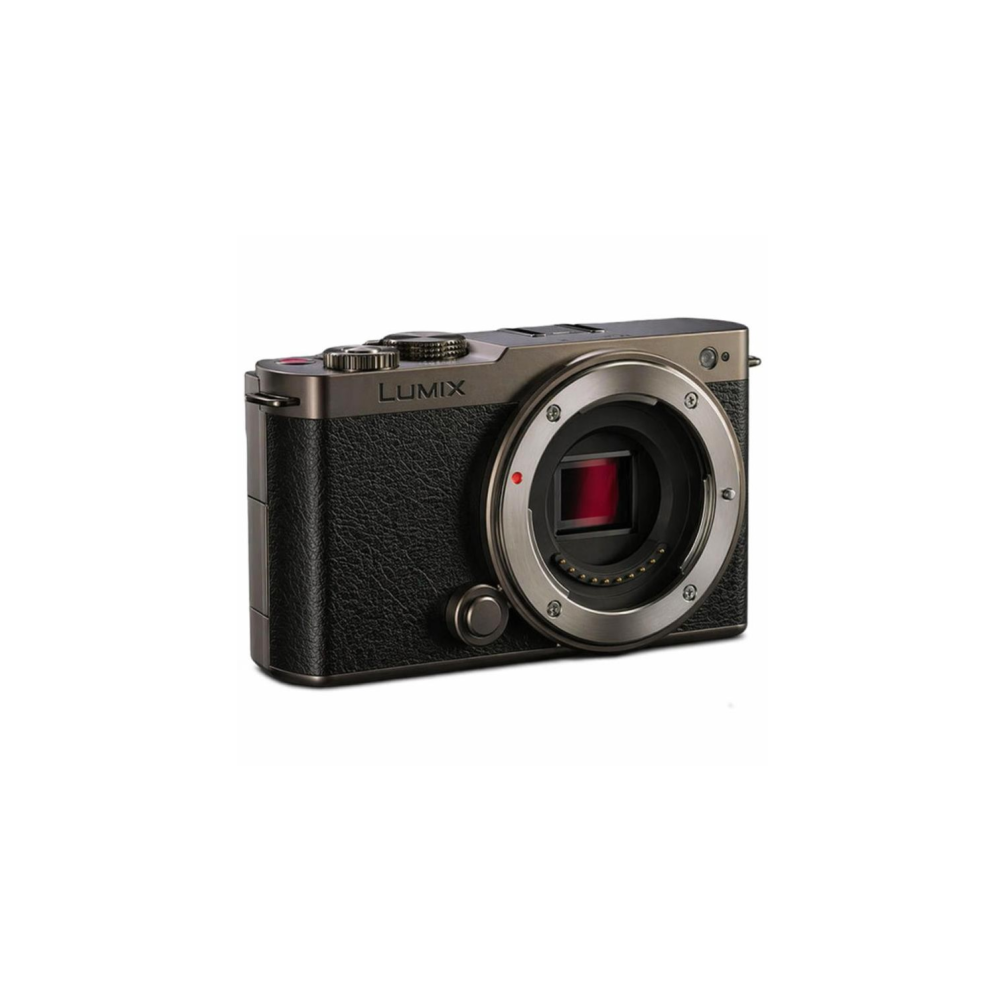 Een zwarte Lumix camera met zilveren lensvatting en rode accenten.