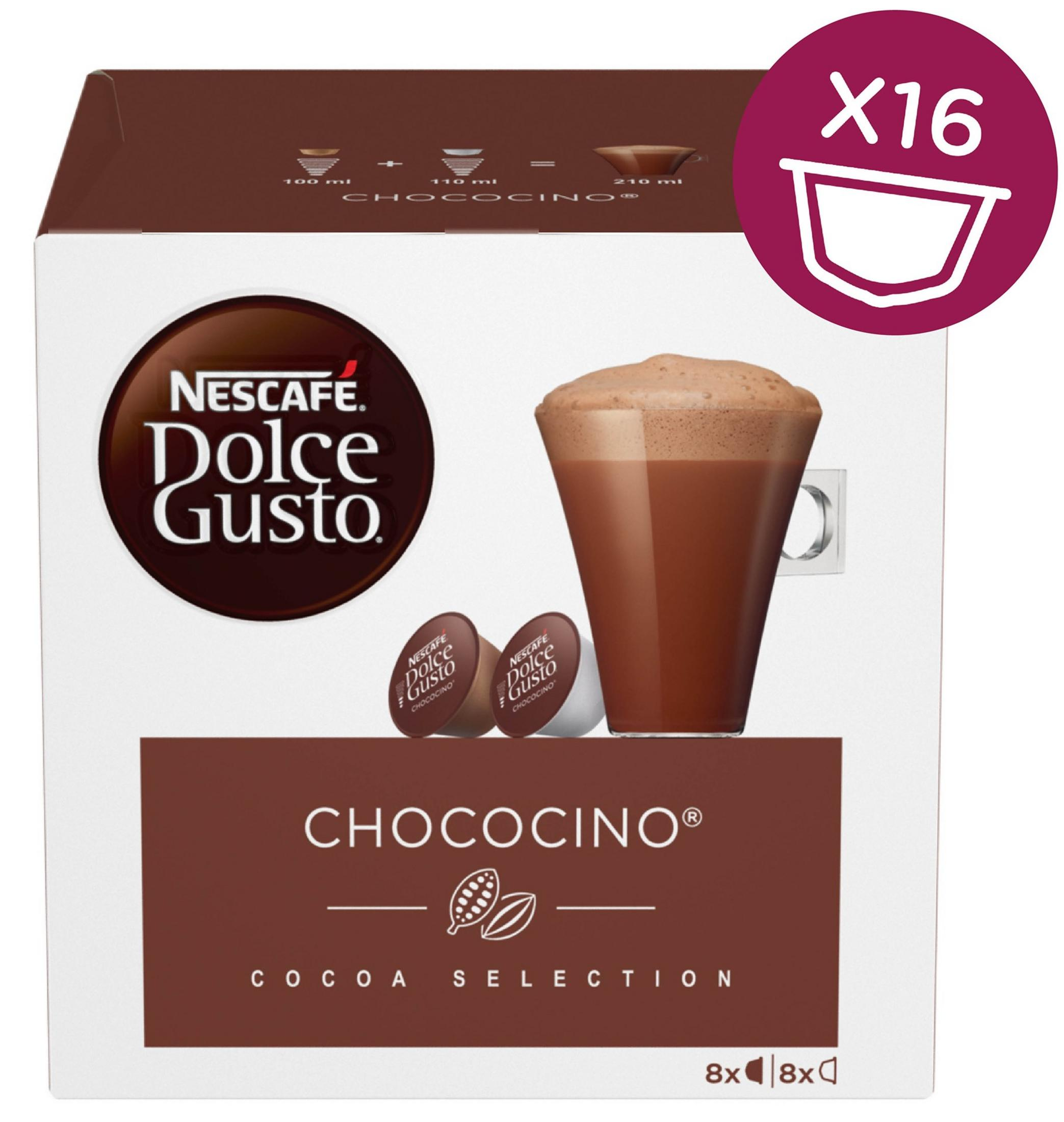 Nescafé Dolce Gusto Chococino Schachtel mit 16 Kapseln, zeigt eine Tasse Kakao.