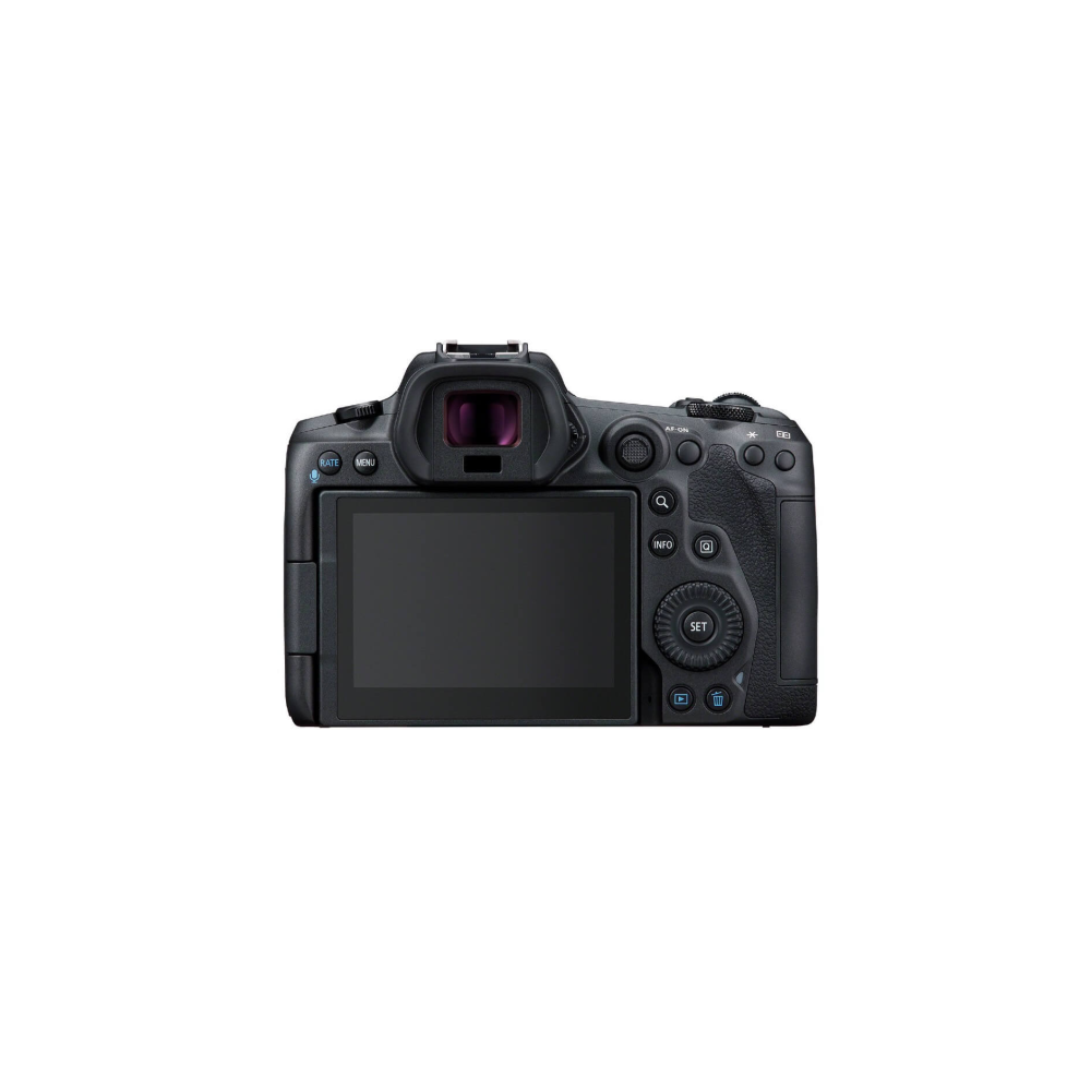 Achterkant van een zwarte digitale camera met LCD-scherm en zoeker.