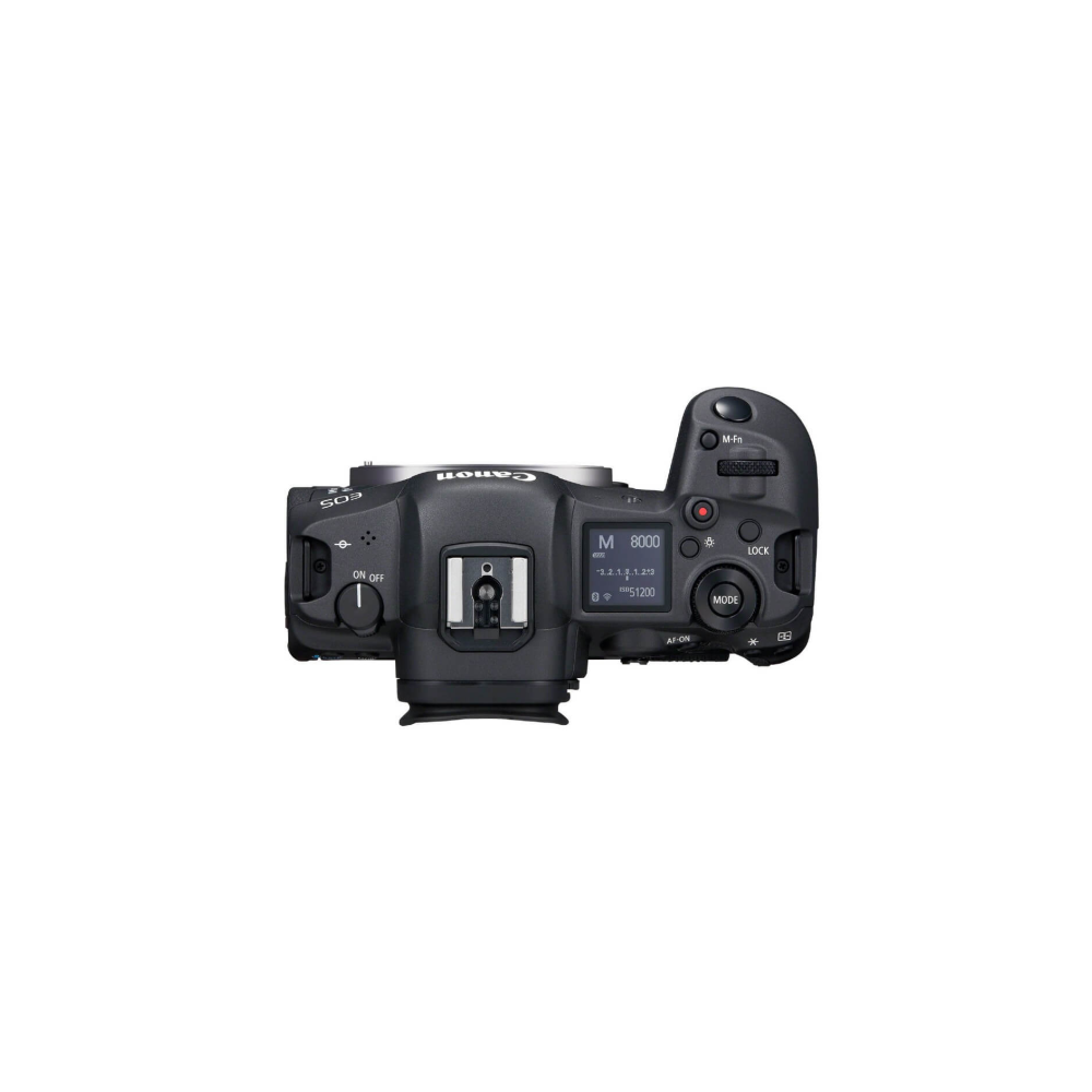 Bovenaanzicht van een zwarte Canon EOS R digitale camera met LCD-scherm.