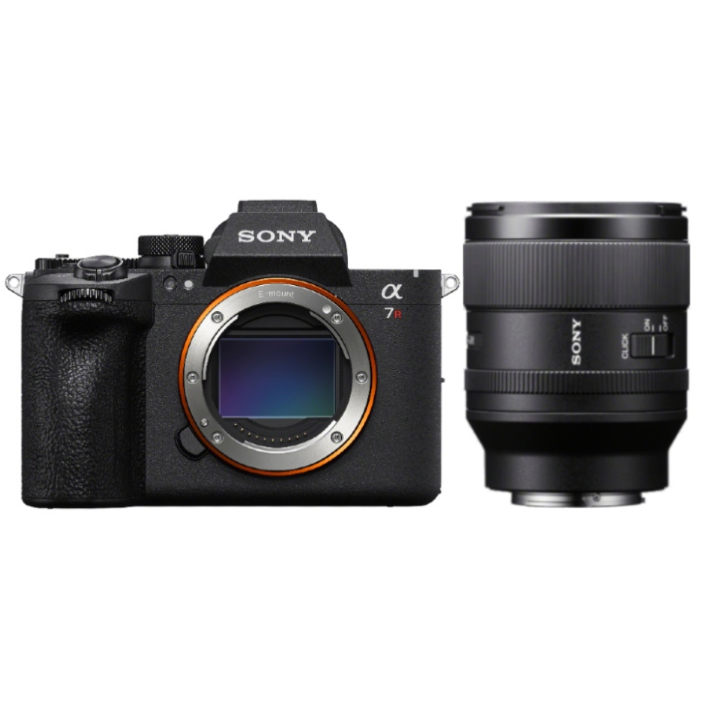 Een zwarte Sony Alpha 7R camera met een lens ernaast.