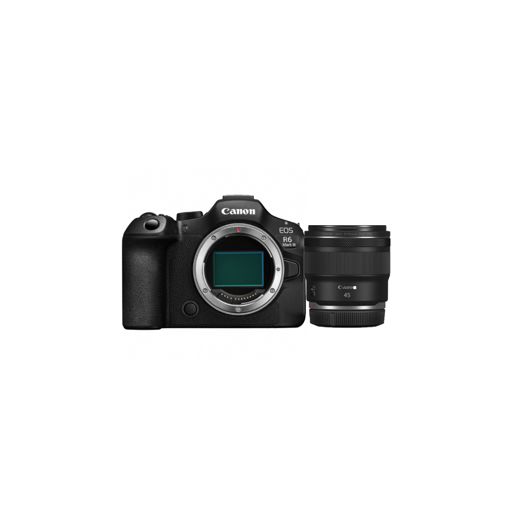 Zwarte Canon EOS R6 Mark III camera met een zwarte Canon RF 24-105mm lens.
