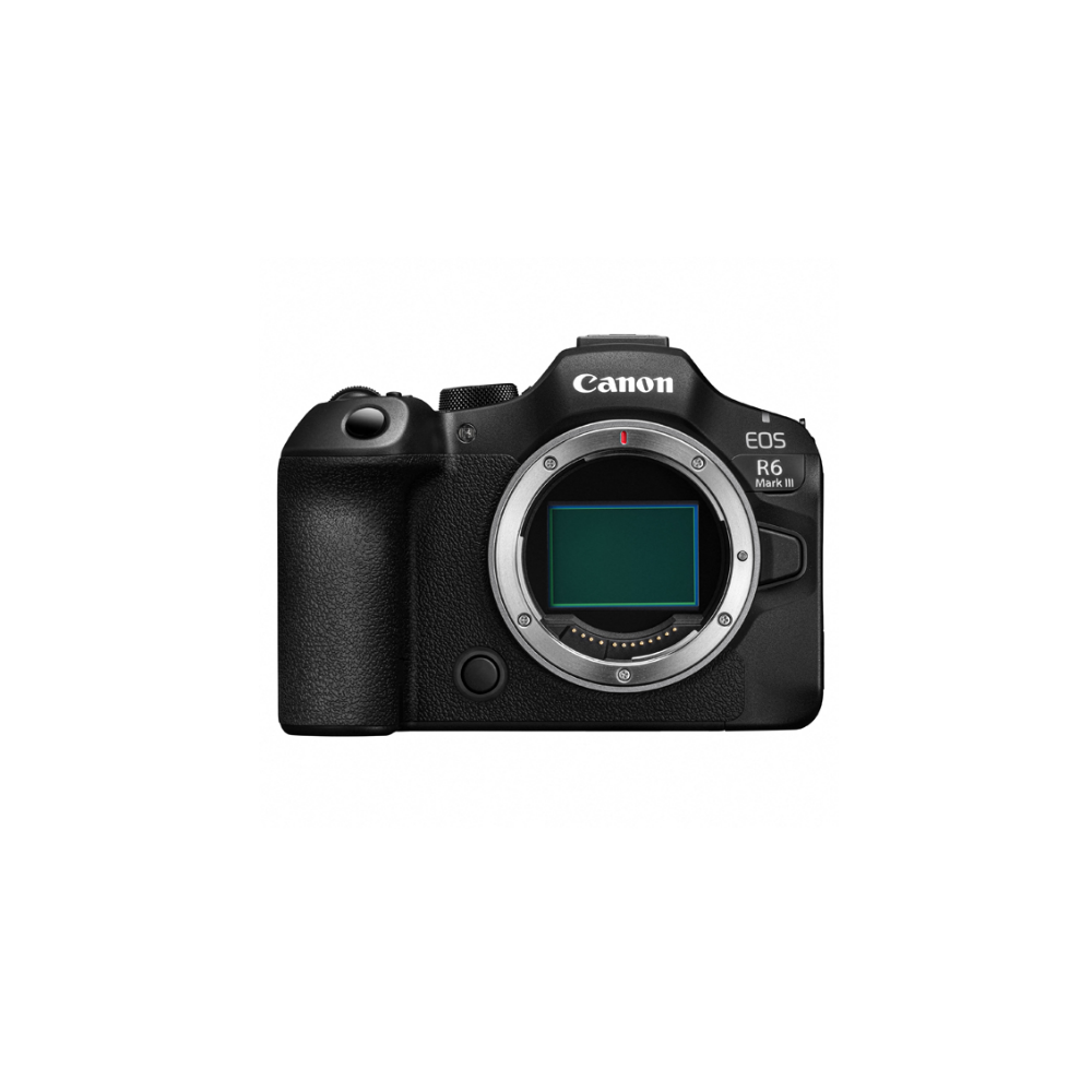 Zwarte Canon EOS R6 Mark III camera met zilveren lensvatting en blauwe markering.