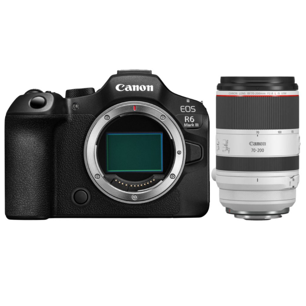 Een zwarte Canon EOS R6 Mark III camera naast een witte Canon RF 70-200mm lens.
