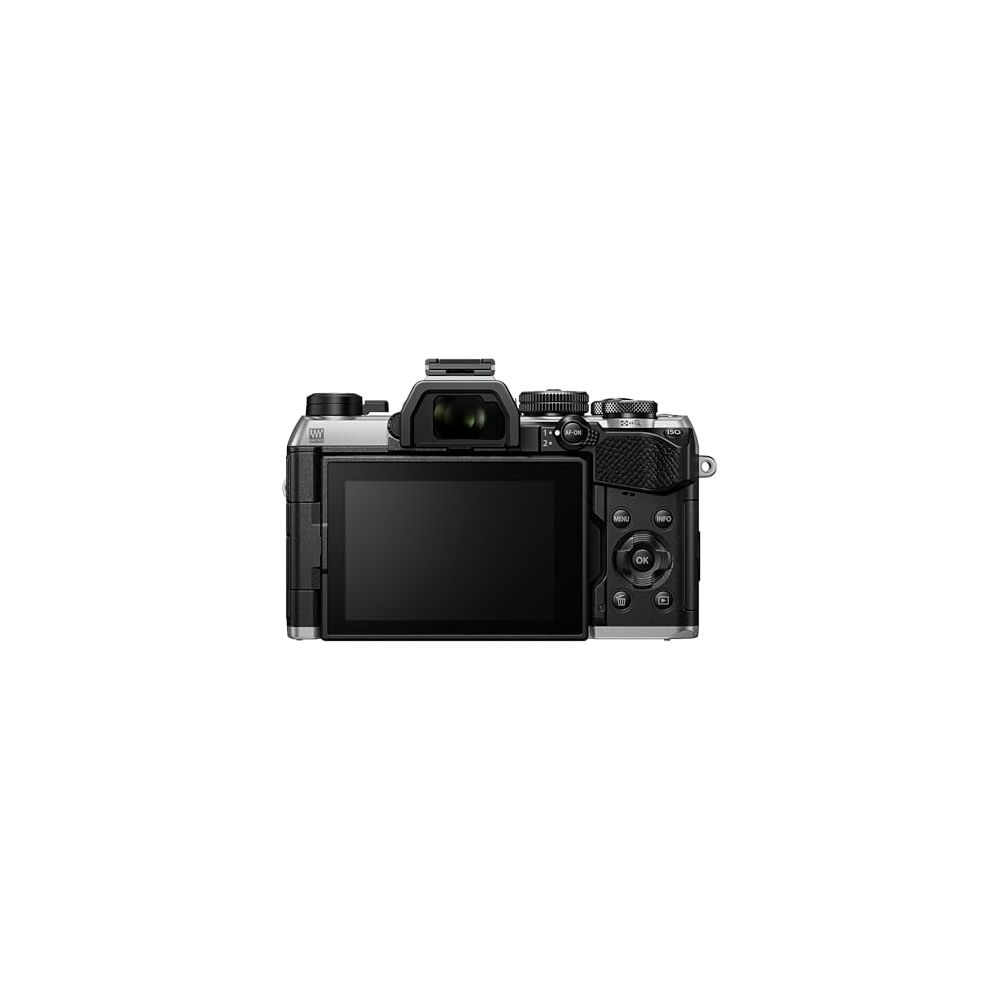 Achterkant van een zilverkleurige en zwarte camera met LCD-scherm en knoppen.