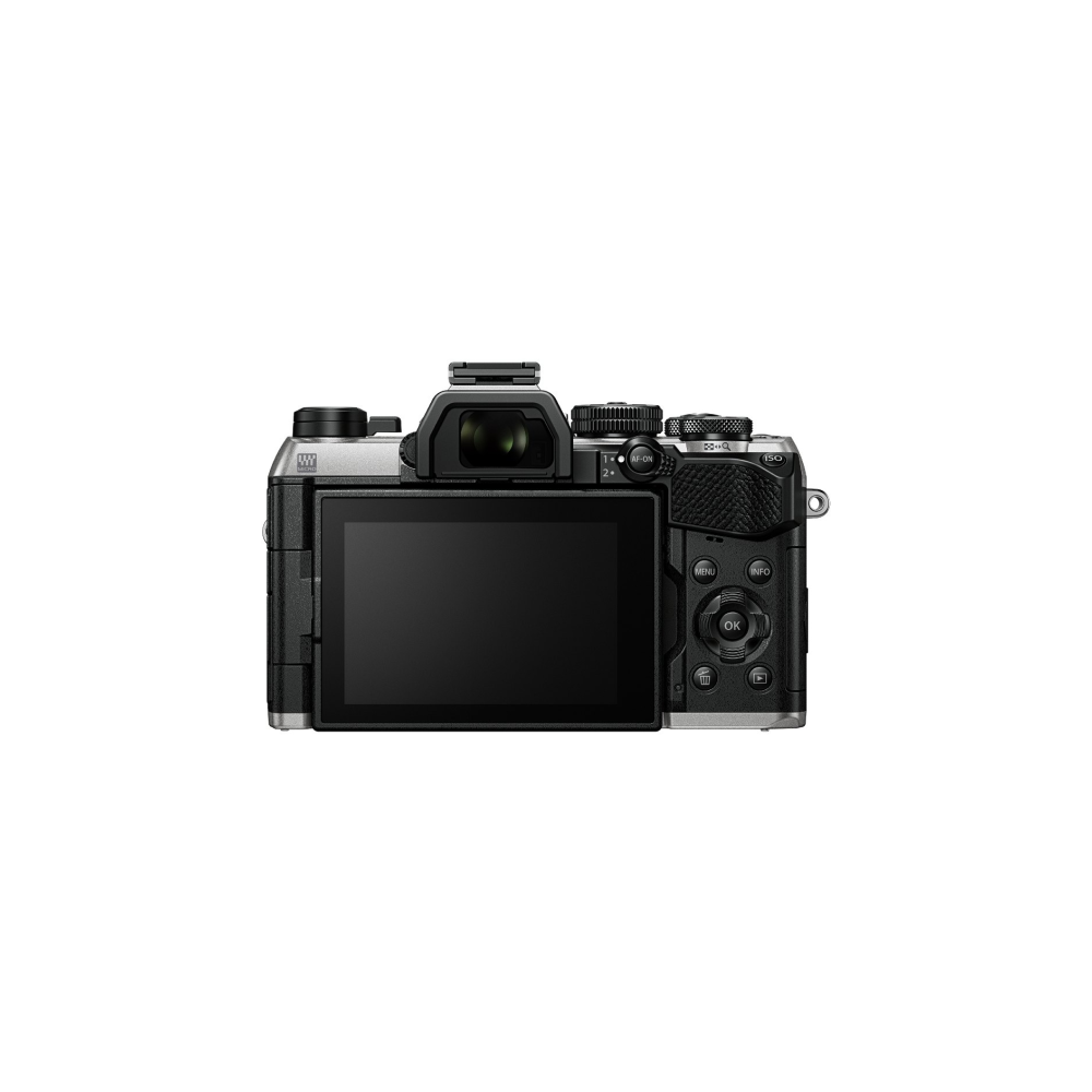 Achterkant van een zilverkleurige en zwarte digitale camera met een open LCD-scherm en bedieningselementen.