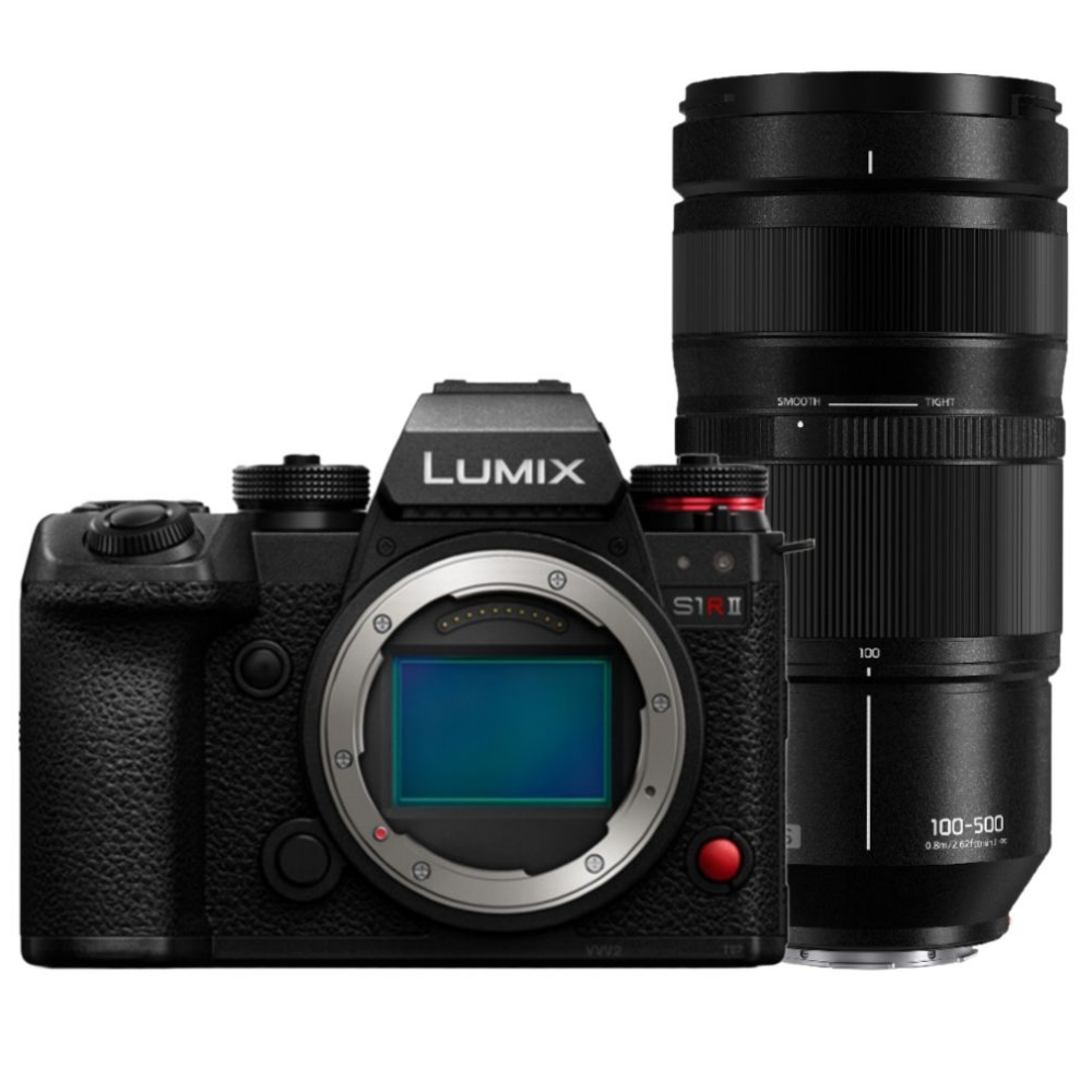 Een zwarte Lumix S1R II camera met een 100-500mm lens.