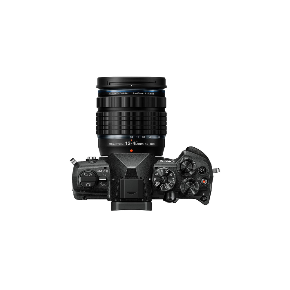 Zwarte digitale camera met lens, bovenaanzicht.