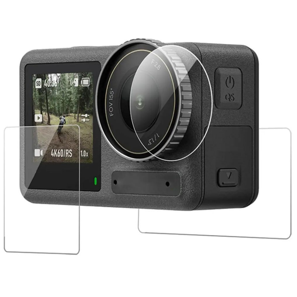 Actiecamera met schermbeschermers, f2.8 lens, 155° FOV, bosscène op achtergrond.