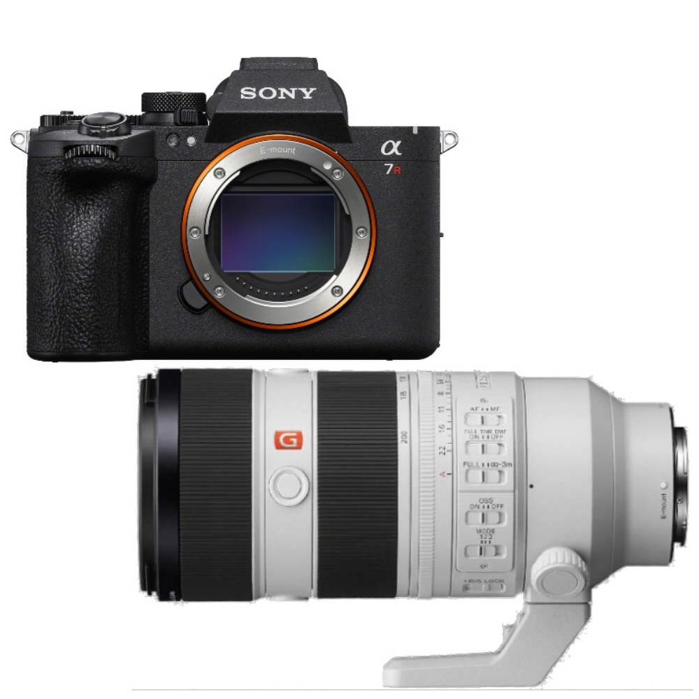 Sony Alpha 7R camera met een witte telelens eronder.