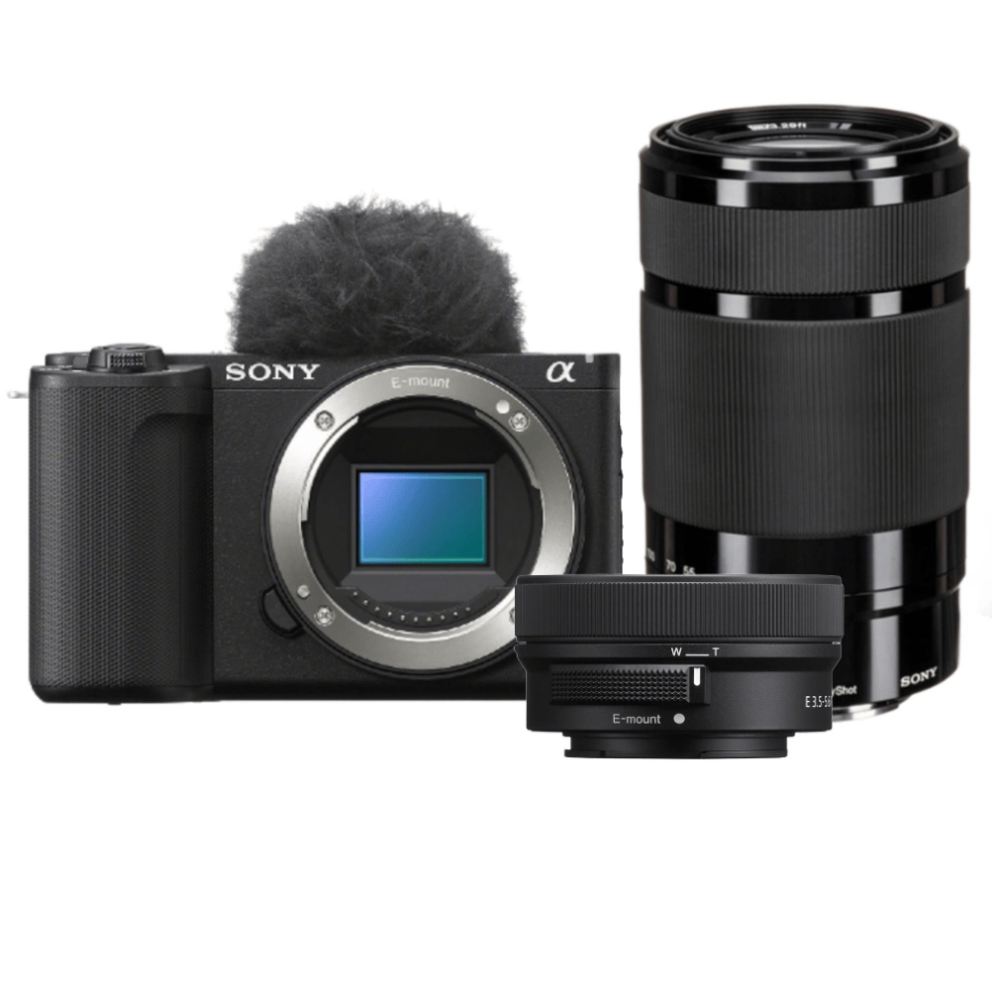 Een zwarte Sony camera met microfoon en twee lenzen.